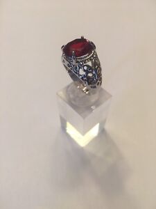 Women's Size 6.5 Halo Beautiful Red Ruby white Rhodium Plated  Ring-R1816