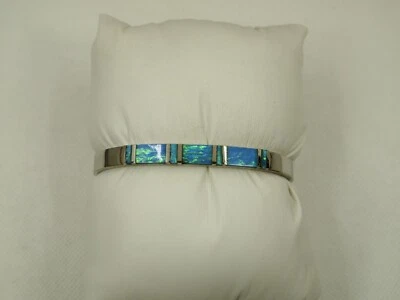Mexican Sterling Silver 925 Blue Opal Inlay Hinged Bangle Bracelet - Image 1 of 4