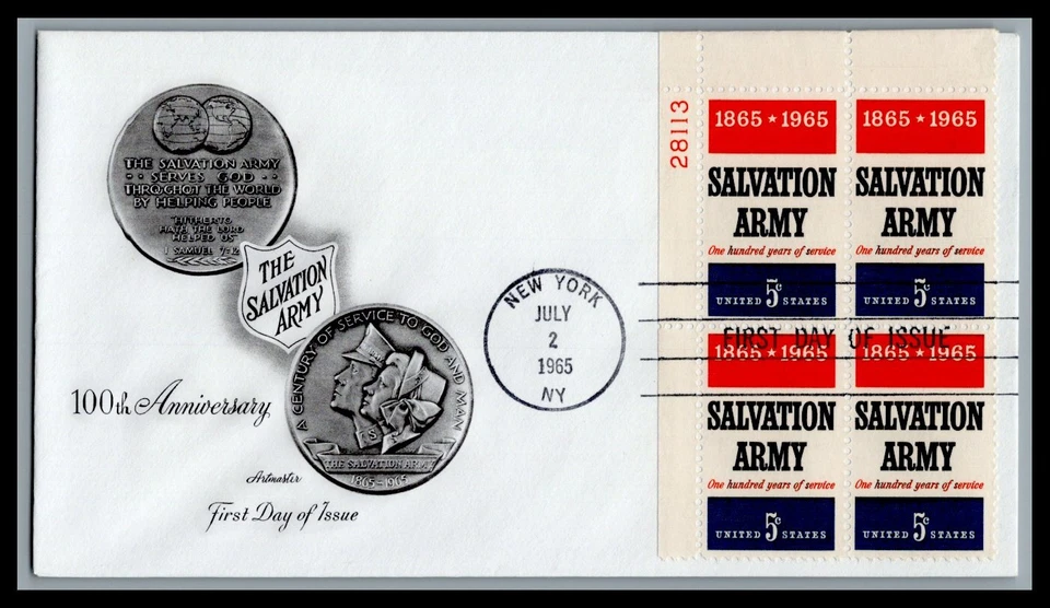 US FDC # 1267 5c Salvation Army Artmaster Plate Block 28113 UL 1965, 9L444 - Image 1 of 1