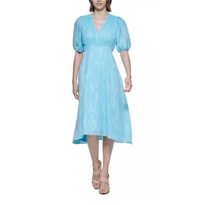 CALVIN KLEIN Women's Balloon-Sleeve V Neck Midi Dress Seaspray Gold 10 - Picture 1 of 5