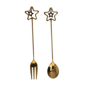 Golden Metal Spoon Fork Set Utensils Anniversary Gift Set Home Decor - Picture 1 of 11