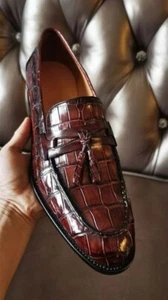 New Men's Handmade Brown Crocodile Texture Leather Dress Party and Wedding Shoes - Picture 1 of 10