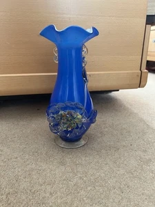 Vintage 70er Jahre Murano Stil Glas Vase, mundgeblasene blaue Glasvase - Bild 1 von 7