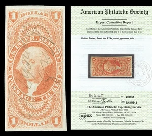 Scott R74a 1862 $1.00 Imperf Passage Ticket Used VF Cat $350 with APEX CERT - Picture 1 of 1