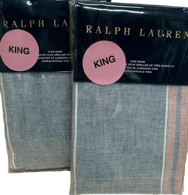 Lauren Ralph Lauren Oakview Essex 2 King Pillow Shams Red Navy Stripe Linen  - Image 1 of 4