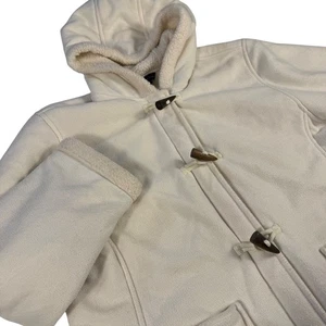 Lands End Womens Fleece Sherpa Lined Hooded Duffle Coat jacket Cream L 14 16 - Picture 1 of 12