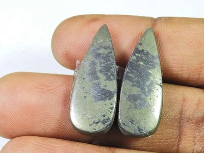 AAA Natural Appach Gold Pyrite Matching Pair Pear Cabochon Gemstone 10X28MM - Image 1 of 4