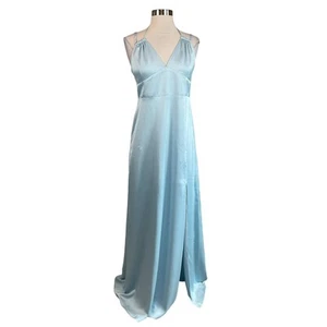 AQUA Women's Formal Dress Size 10 Blue Satin Cut Out Back Thigh Slit Long Gown - Picture 1 of 9