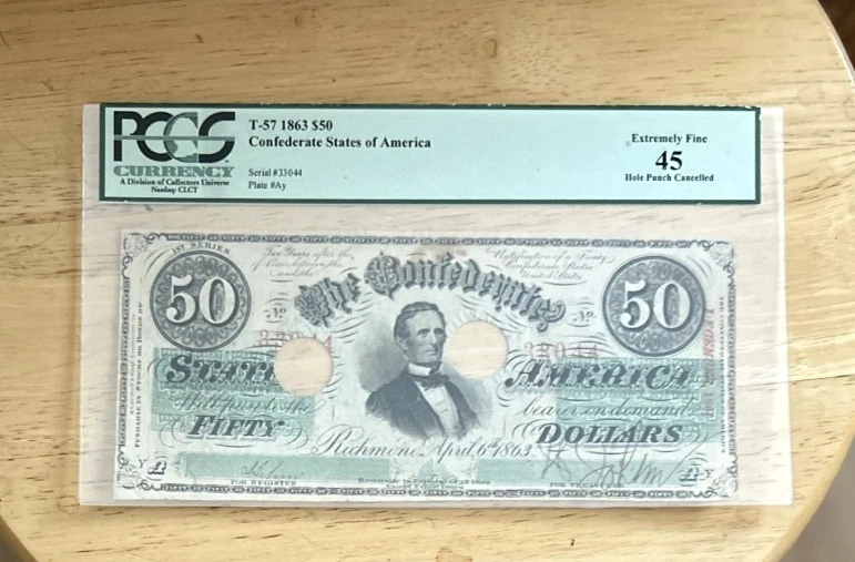 T-57 $50 1863 Confederate States Civil War Currency PCGS Extremely Fine 45 - Image 1 of 4