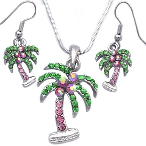 Green Palm Tree Charm Pendant Necklace Hook Earrings Fashion Jewelry Set s19h - Picture 1 of 6