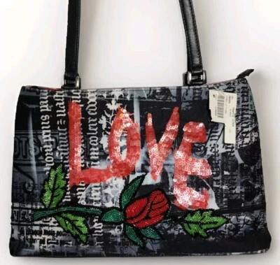 BOLSO DE MANO ISABELLA FIORE RARO AMOR PASIÓN CREMALLERA SUPERIOR EMBELLECIDO MULTIMEDIA NUEVO CON ETIQUETAS $375 Foto 1 de 4