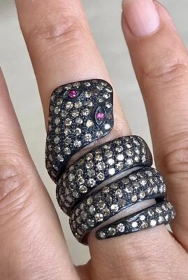 Anillo Medieval Grande Auténtico Diamante Natural y Rubí Serpiente 925 De Colección Talla 7 Foto 1 de 4
