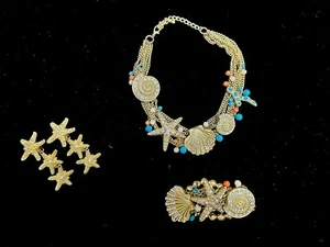 Bella Perlina turquoise seashell rhinestone Gold tone Necklace Bracelet Clip Ons - Picture 1 of 7