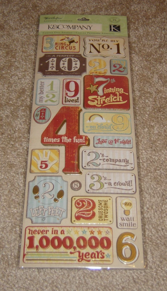 K&Company Adhesive Chipboard ~ Wild Saffron Number Sayings.....3 Ring Circus etc - Image 1 of 1