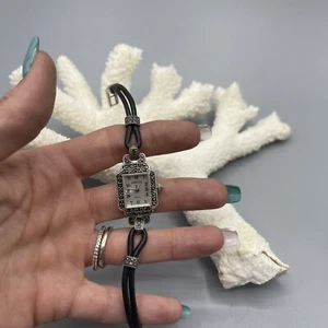 Vintage JUDITH JACK JJ 925 Sterling Marcasite Abalone Leather Band Watch #Z66 - Picture 1 of 14