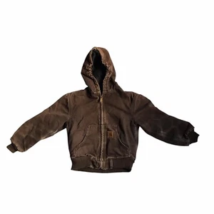 Carhartt Quilted Lined Hooded Canvas Jacket YYJ130 DKB Youth Size S 6/7 BrownY2K - Picture 1 of 13
