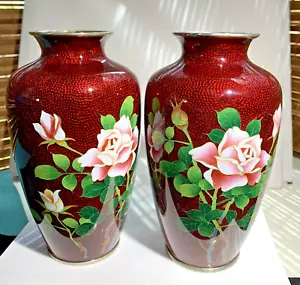 Set OF 2 PIGEON BLOOD Ginbari RED CLOISONNE VASES PINK ROSE 7.5” Enamel Brass - Picture 1 of 13