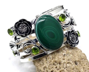 925 Sterling Silver Malachite & Peridot Gemstone Jewelry Cuff Bracelet Size-ADJ - Picture 1 of 5