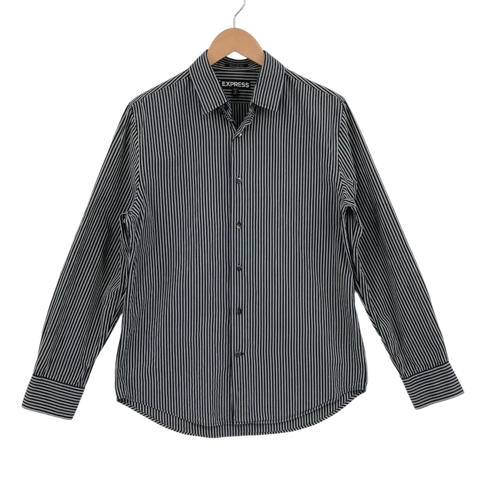 Camisa de vestir Express para hombre gris medio a rayas calce moderno con cuello abotonado Foto 1 de 4