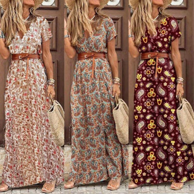 Sundress Summer Holiday Beach Boho Long Maxi Dress V Neck Ladies Floral Women - Image 1 of 4