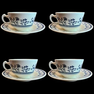 Vintage Homer Laughlin Sturbridge Teacups & Saucers Set Of 4 Blue White Folk Art - Picture 1 of 9