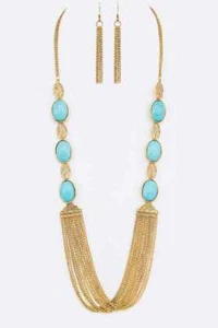 Long Turquoise Blue Statement Necklace Fringe  Layered Gold Chain Earrings Set - Picture 1 of 6