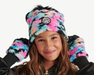 Justice Girls Tie Dye Faux Shearling Beanie and Gloves 2-Piece Set, BLACK NEW - Picture 1 of 5