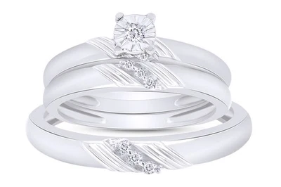 Conjunto trio de anéis de casamento masculinos e femininos de ouro branco 14k com diamante 1/14 quilate - Imagem 1 de 4