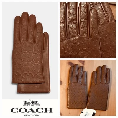 Guantes técnicos Coach Signature de cuero en relieve en marrón silla de montar talla 7,5 nuevos con etiquetas Foto 1 de 4