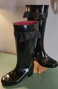 Kate Spade Rubber Rain Boots Pull On Glossy Knee High Womens Size 8 Black Bow - Picture 1 of 14
