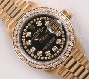 Rolex Datejust 26 mm President 18 quilates YG bisel de diamantes cadena negra esfera de diamantes - Imagen 1 de 7