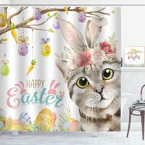 Happy Easter Shower Curtain Easter Cat Bunny Colorful Easter Eggs Shower - Picture 1 of 5