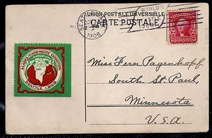 Etiqueta de Expo Alaska-Yukón-Pacífico 1908 con eslogan de máquina Expo en postal de Nagasaki - Imagen 1 de 2