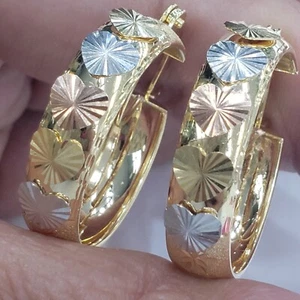 Solid 14k gold hearts hoop earring diamond cut 1.10 Inch long 3 color - Picture 1 of 12