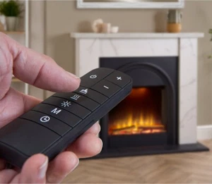WHITE MARBLE EFFECT FIREPLACE BLACK ARCHED ELECTRIC FIRE REMOTE CONTROL LOGS - Picture 1 of 6