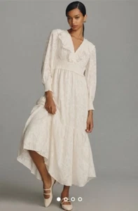 Anthropologie Long Sleeve Ruffle Neck Maxi Dress Print Smocked Lined Ivory S NEW - Picture 1 of 6