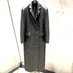 Womens Black Lambskin Leather Long Coat Genuine Buttoned Trench Jacket Sizes XXL - Picture 1 of 5