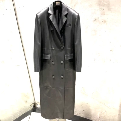 Womens Black Lambskin Leather Long Coat Genuine Buttoned Trench Jacket Sizes XXL - Image 1 of 4