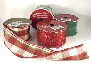 4 Christmas Craft Burlap & Wire Ribbon Spools 2.5" Wide 2 New & 2 Used Abt 22yds - Picture 1 of 6