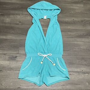 Trina Turk Hooded Terry Cloth Romper, Pockets, Tie  Swim Coverup Turquoise sz M