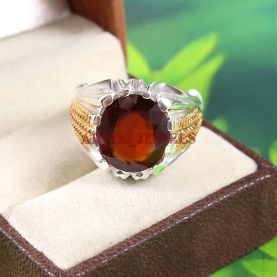 Granate Hessonita Natural con Anillo de Plata Chapado en Oro Blanco 14K para Hombre #3131 Foto 1 de 4
