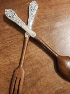 Reed & Barton FLORENTINE LACE Sterling Silver Salad Serving Fork Spoon Wooden - Picture 1 of 10
