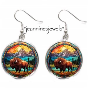 Yellowstone National Park EARRINGS Faux Stained Glass Art Silver BUFFALO Charm - Picture 1 of 13