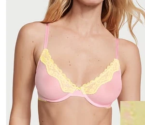 Victoria’s Secret TEASE Unlined Demi Bra Pink Mesh Yellow Lace 36DDD NWT - Picture 1 of 4
