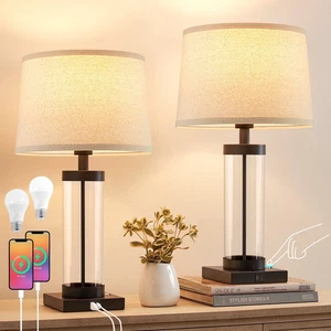 Dimmbare Glas Tischlampen 2er Set mit USB-Anschlüssen für modernes Wohnzimmer - Bild 1 von 11