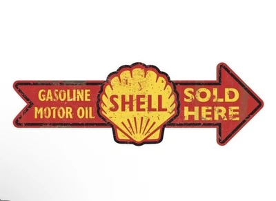 24" Reproduction Shell Gasoline SOLD HERE Gas Station Motor Oil ARROW Metal Sign - Image 1 of 4