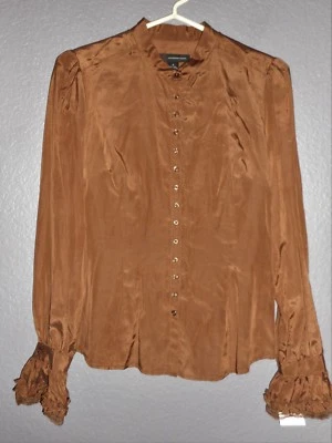 INC INTERNATIONAL CONCEPT BROWN SILK BLEND BUTTON DOWN LONG SLEEVE BLOUSE 4 NWT - Изображение 1 из 4