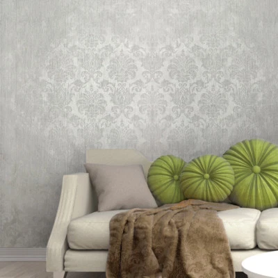 Non woven Wallpaper roll white gray silver Metallic textured Victorian damask 3D - Image 1 of 4