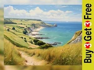 Serene Coastal Landscape Oil Painting Print - Seaside Art Decor 16" x 12" - Picture 1 of 5