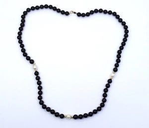 Vintage 6 mm BLACK ONYX / 3 Culture PEARL & 14K Yellow Gold Bead Strand Necklace - Picture 1 of 6